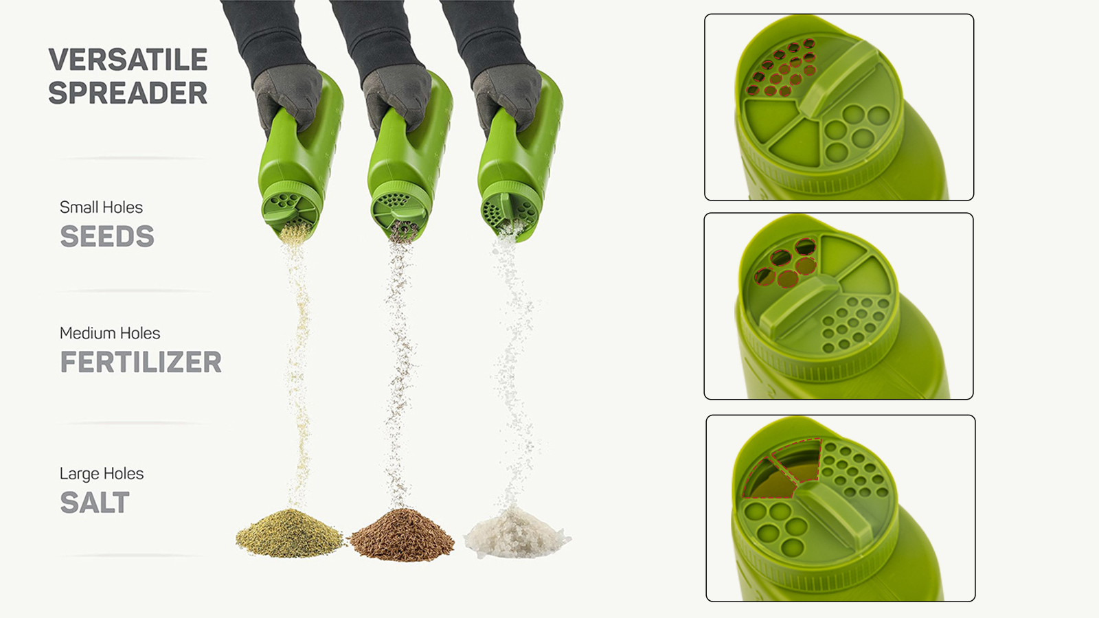 Bouteille d'épandage portative de 2l, avec tailles d'ouverture réglables, pour graines de pelouse, sel fondant, mauvaises herbes et épandeur d'aliments