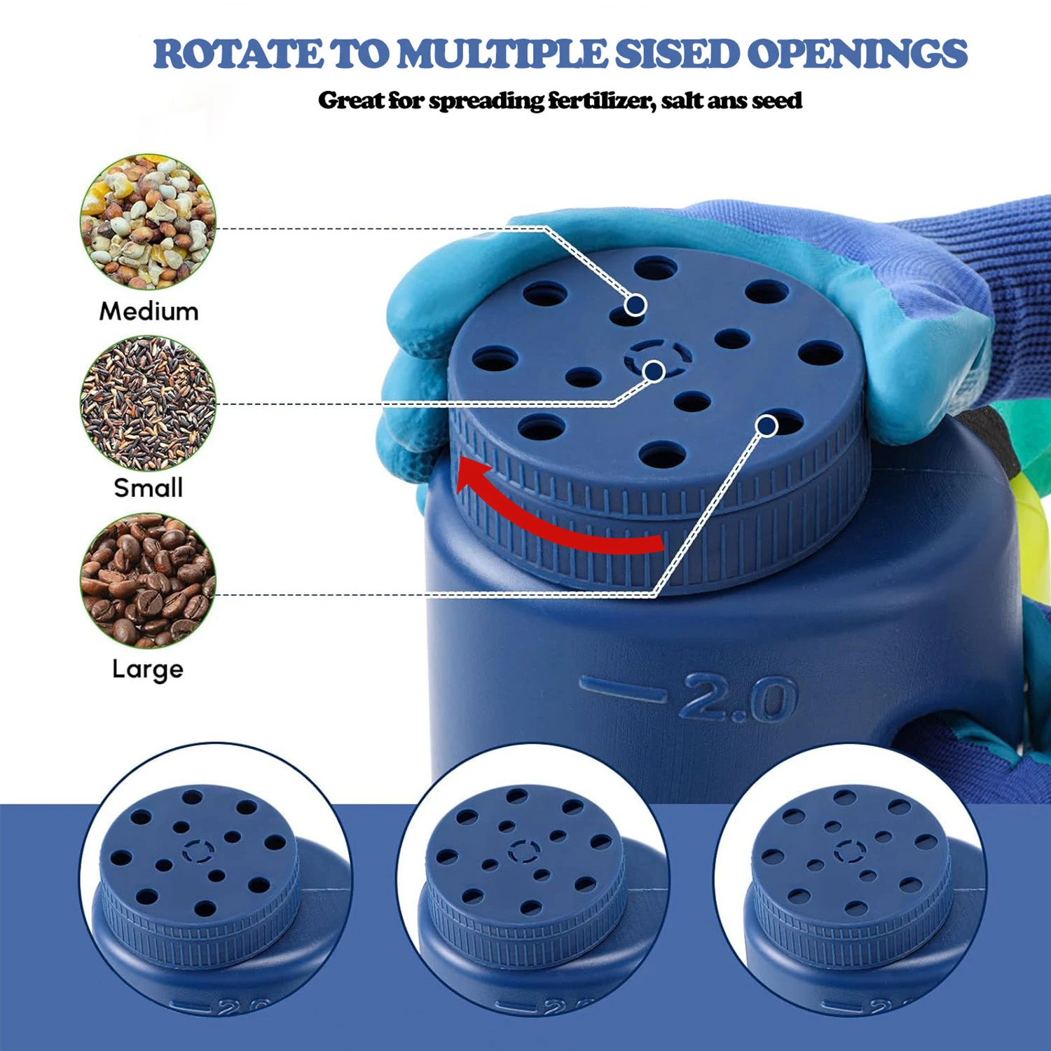 Bouteille d'&eacute;pandage portative de 2l, avec ouvertures de trous r&eacute;glables, pour graines de pelouse, sel fondant, mauvaises herbes et &eacute;pandeur d'aliments