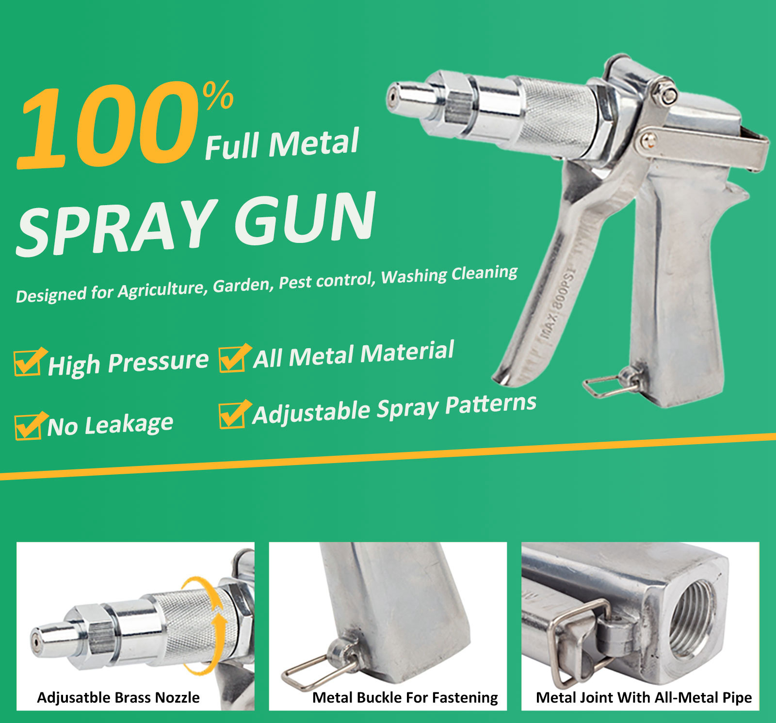 Pistolet de pulvérisation en aluminium, 800 PSI, avec modèles de pulvérisation réglables, pour l'arrosage des plantes, le lavage des voitures, la lutte contre les incendies de forêt