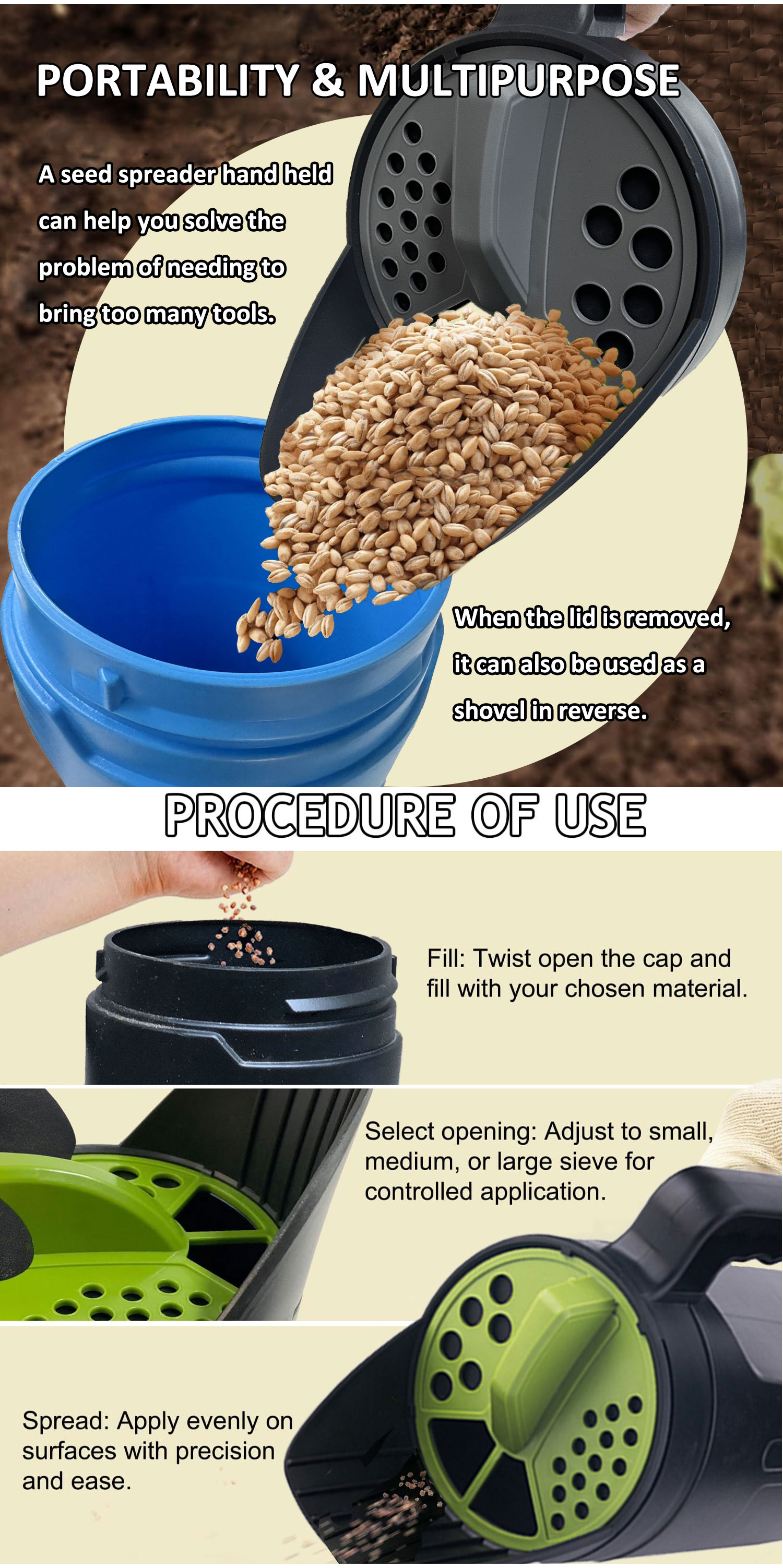 Bouteille d'épandage portative de 2,5 l, avec ouvertures de trous réglables, pour graines de pelouse, sel fondant, mauvaises herbes et épandeur d'aliments
