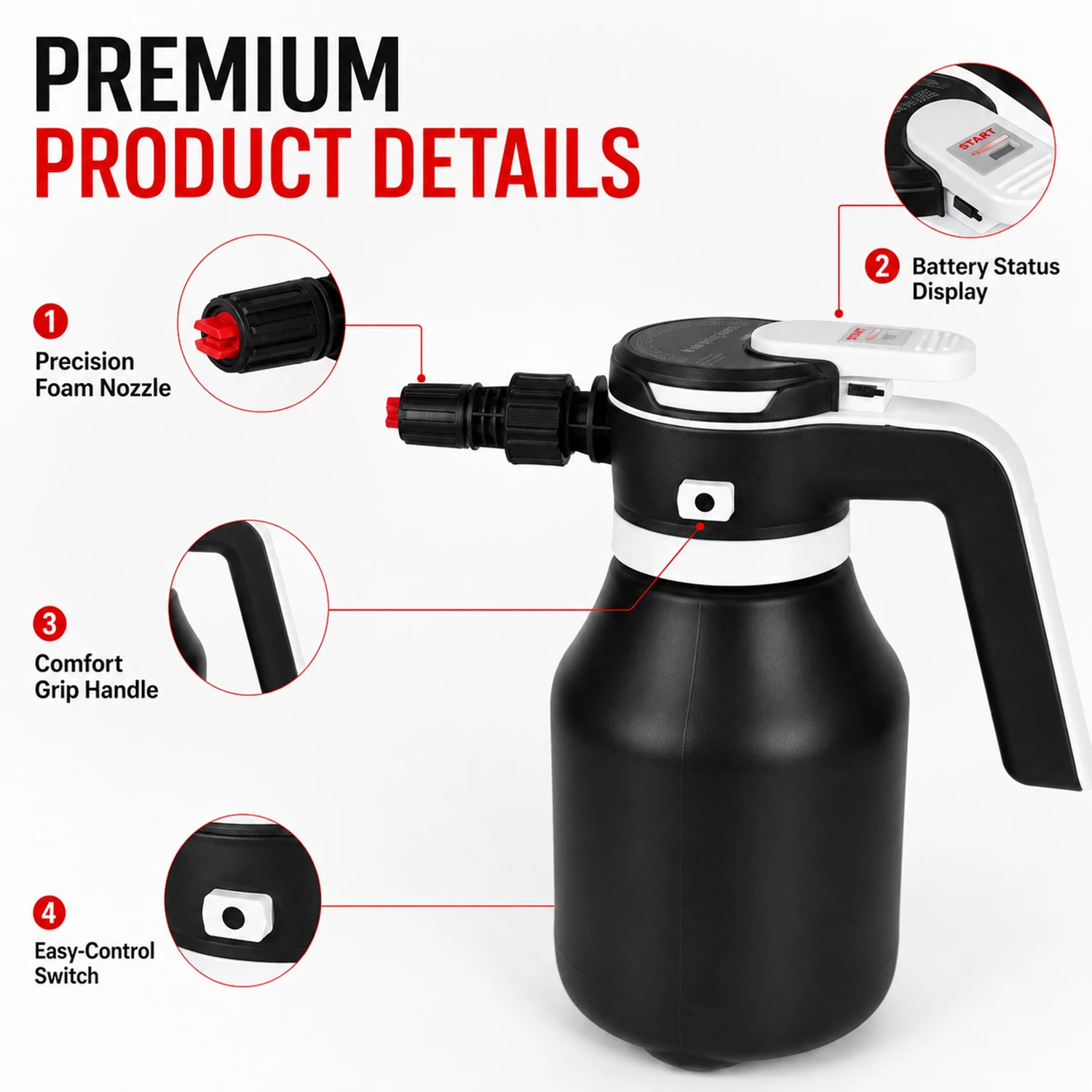 Pulv&eacute;risateur de mousse &agrave; batterie 2L pour lavage de voiture et nettoyage polyvalent