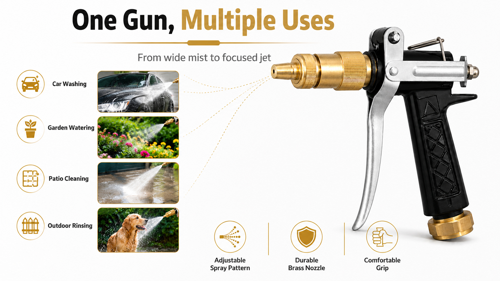 Pistolet pulvérisateur à buse réglable pour le lavage de voiture, l'arrosage du jardin et le nettoyage extérieur