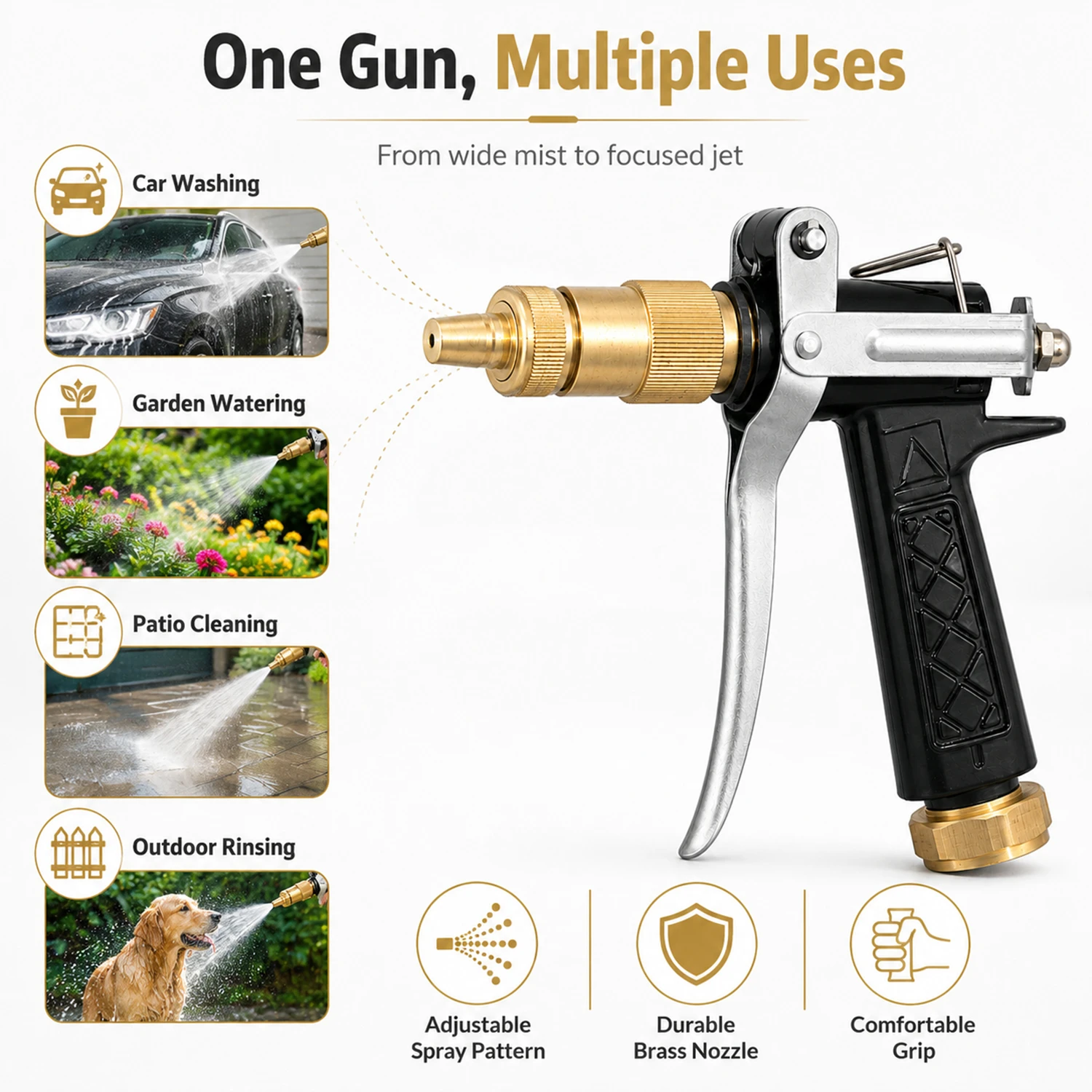 Pistolet pulv&eacute;risateur &agrave; buse r&eacute;glable pour le lavage de voiture, l'arrosage du jardin et le nettoyage ext&eacute;rieur